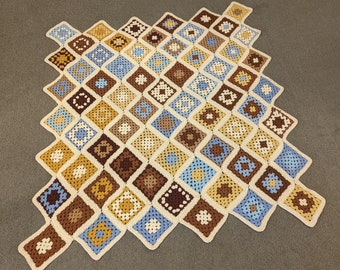 Vintage Granny Square Afghan Crochet Blanket - 60" x 66" - Blues Browns Yellows