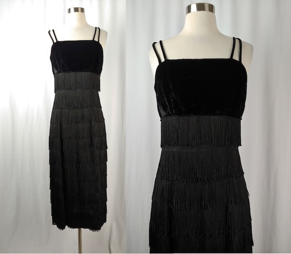 Vintage 60s Black Fringe Long Sheath Dress - Sixti