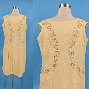 Vintage 60s Yellow Linen Large Sleeveless Embroidered Shift Dress with Pockets image 1