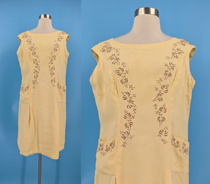 Vintage 60s Yellow Linen Large Sleeveless Embroidered Shift Dress with Pockets image 1