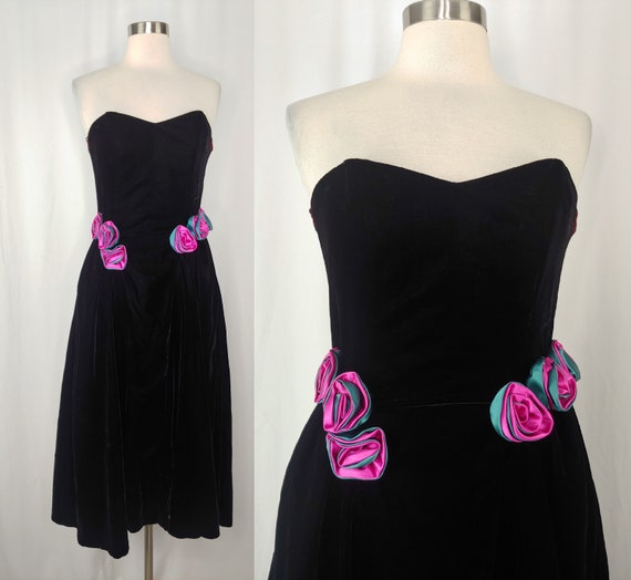 Vintage Eighties Black Velvet Strapless Formal Pr… - image 1