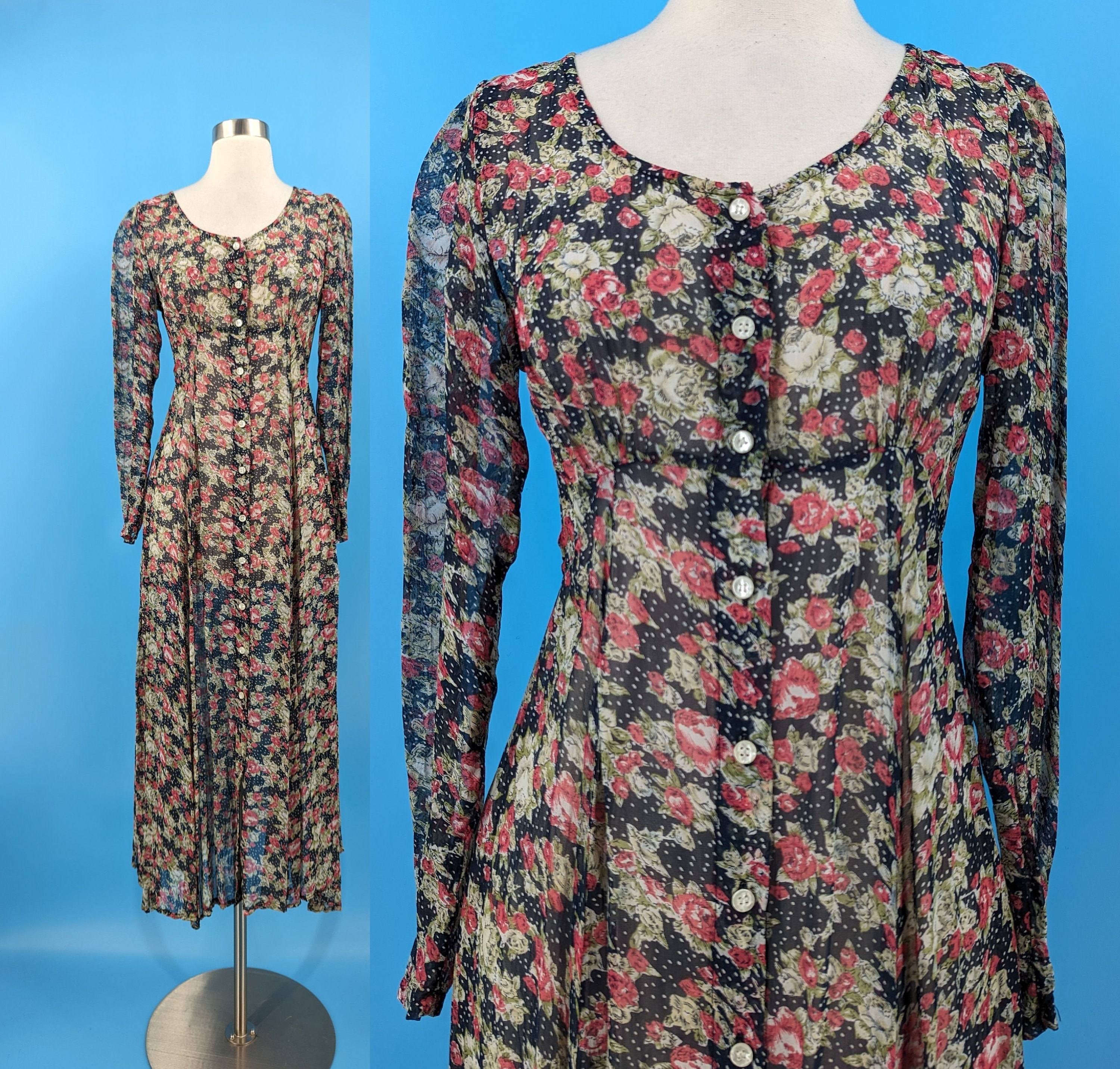 90s Sheer Floral Long Sleeve Button Front Maxi Dress