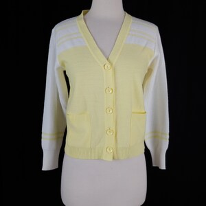 Vintage Seventies Yellow and White Cardigan Sweater 70s Acrylic Knit Small Women's Button Front Cardigan image 3