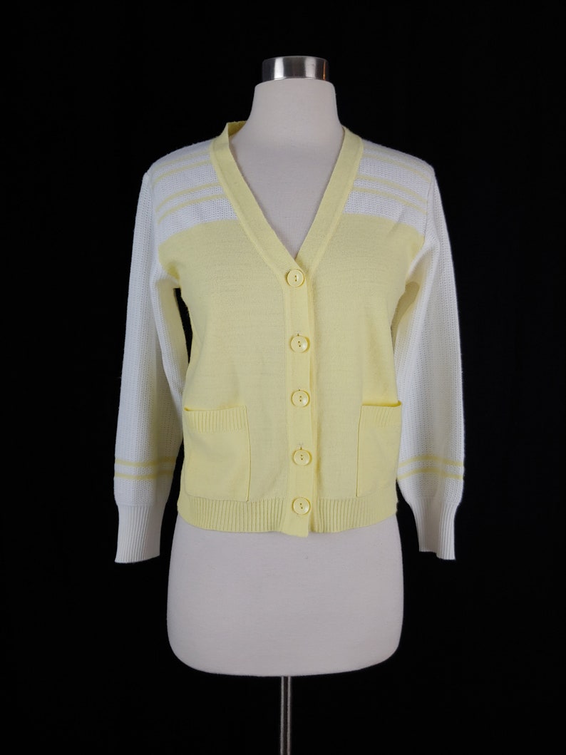 Vintage Seventies Yellow and White Cardigan Sweater 70s Acrylic Knit Small Women's Button Front Cardigan image 3