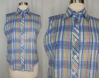 Vintage Seventies Fruit of the Loom Women's Sleeveless Plaid Collared Button Up Top - 70s Blue Plaid 34 Small/Medium Sleeveless Blouse