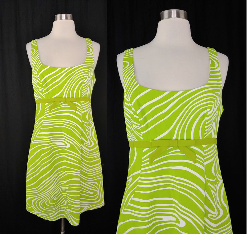 Vintage Y2K Geary Roark Kamisato Mod Revival Neon Green Swirl Dress 2000 Size 10 Sleeveless Shift Mini Dress image 1