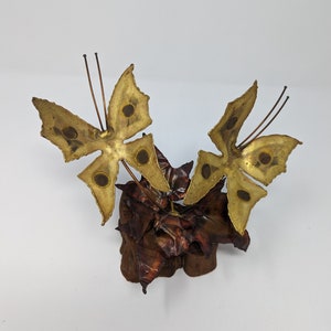 Vintage Seventies Torch Cut Brass Copper Wood Butterfly Fallen Leaves Brutalist 70s Small Sculpture image 2