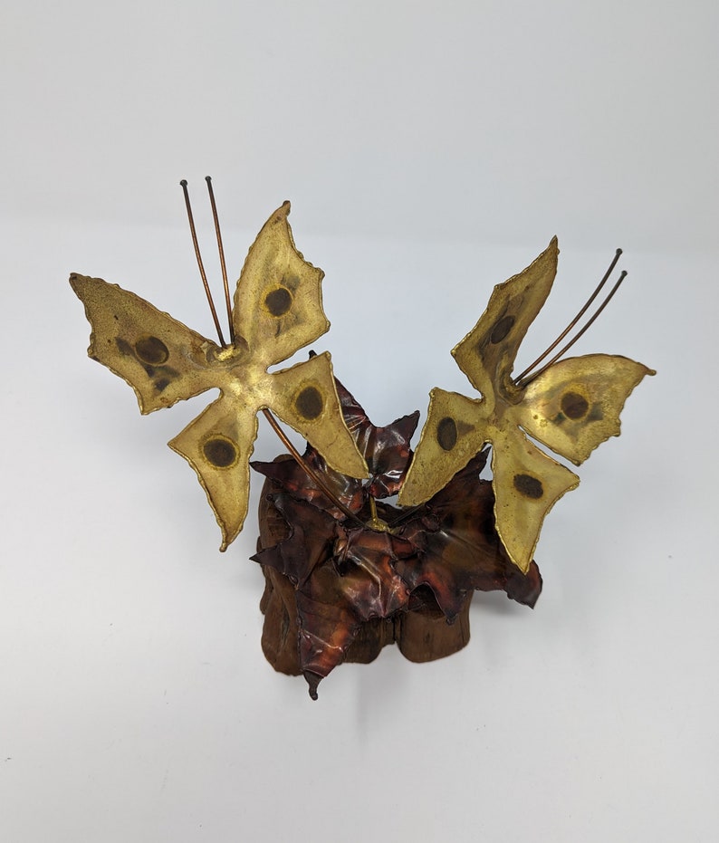 Vintage Seventies Torch Cut Brass Copper Wood Butterfly Fallen Leaves Brutalist 70s Small Sculpture image 2