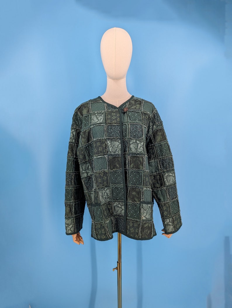 Vintage Handmade Green Quilted Patchwork Jacket Large / XL Reverse Seem Patchwork Coat image 2