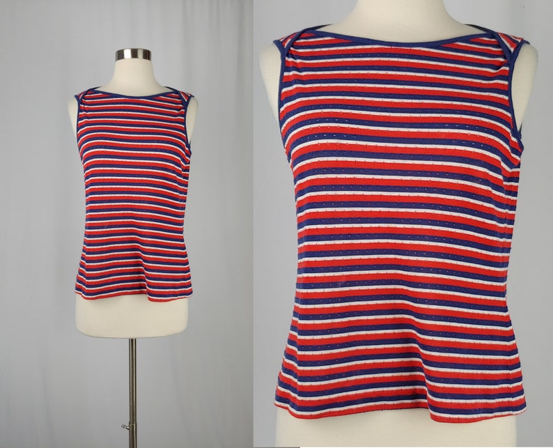 1960s Red and Blue Striped Tank Vintage Sixties Jantzen Top 60s Sleeveless Top Medium