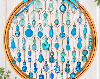 Atrapasueños de cuentas azul turquesa, 25 cm, decoración de ventana hecha a mano, más de 110 cuentas, atrapasueños bohemio