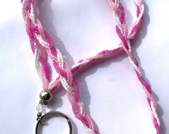 Cordón trenzado rosa con cuentas / Porta credencial rosa