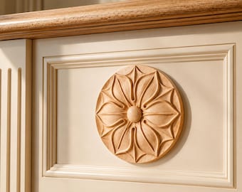 Set of 2 Hand Carved Wood Rosettes | Round Floral Furniture Appliques, Cabinet Door Decor