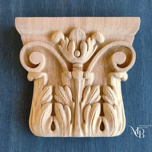 Hand-Carved Oak Wood Capital: Acanthus Leaf & Scroll Detail