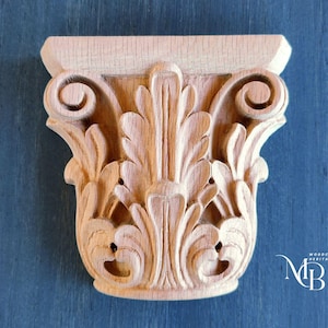 Hand-Carved Oak Wood Capital: Acanthus Leaf & Scroll Decor
