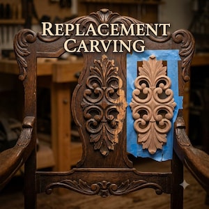 Könnte beinhalten: Eine dunkelbraune Stuhllehne aus Holz mit einem verzierten Schnitzmuster. Der Text REPLACEMENT CARVING steht oben. Ein neues, helles Holzschnitzteil ist mit blauem Malerband auf der rechten Seite befestigt.
