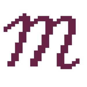 May include: A pixelated letter "m" in a deep purple hue, centered on a white background. The design is framed by a burgundy stripe above and a blue stripe below, creating a simple, geometric aesthetic.