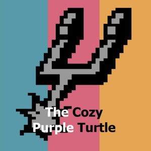 Puede incluir: Gráfico pixelado en blanco y negro sobre un fondo azul, rosa y naranja. El gráfico se asemeja a un tridente estilizado o a una nota musical. El texto dice "The Cozy Purple Turtle."