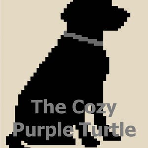 May include: A pixelated black dog silhouette wearing a gray collar, sitting on a beige background. The text "The Cozy Purple Turtle" is displayed in gray below the dog.