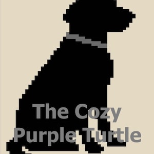 May include: A pixelated black dog silhouette wearing a gray collar, sitting on a beige background. The text "The Cozy Purple Turtle" is displayed in gray below the dog. The image has a minimalist design.