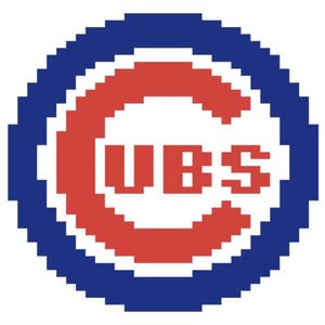 May include: A pixelated logo of the Chicago Cubs baseball team. The logo features a red 'C' with the word 'CUBS' in white letters inside. The logo is surrounded by a blue circle and set against a white background, with red and blue stripes.