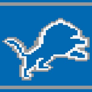 May include: A pixelated image of the Detroit Lions logo. The logo is a blue lion with a white outline and a gray shadow, set against a blue background. The top and bottom of the image have horizontal stripes of gray and white.