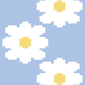 May include: A digital illustration featuring three white daisy flowers with yellow centres against a pale blue backdrop. The flowers are rendered in a pixelated style, creating a retro, 8-bit aesthetic. The design is simple and clean.