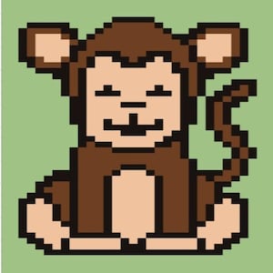 May include: Pixelated illustration of a brown monkey with a smiling face, sitting on a light green background. The monkey has large ears and a long tail. The image has a retro, 8-bit video game aesthetic.