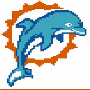May include: A pixelated image of a leaping dolphin in shades of blue, set against a white background. The dolphin is surrounded by an orange sunburst design. The image is framed by horizontal stripes of orange and blue.