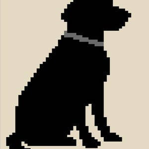 Pode incluir: Silhueta pixelizada de um cão preto sentado sobre um fundo bege. O cão tem uma coleira cinza. A imagem é uma representação gráfica simples de um canino.