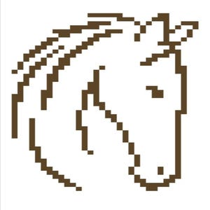 May include: A pixel art illustration of a horse's head in brown against a white backdrop. The design features a brown border at the top and bottom. This graphic style is reminiscent of retro video games and is suitable for various applications.