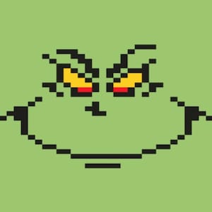 Puede incluir: Imagen pixelada de una cara verde con expresión gruñona. Los ojos son amarillos con pupilas rojas y las cejas son negras. La boca es una línea negra, sobre un fondo verde liso.