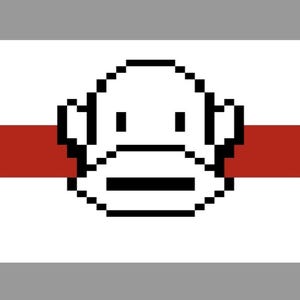 May include: A pixel art image featuring a white face with black eyes, ears, and a mouth. The face is set against a white background with a red horizontal stripe. The top and bottom sections of the image are grey.