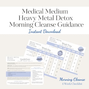 May include: A digital download featuring a 4-week checklist for a morning cleanse. The design includes the text "Medical Medium Heavy Metal Detox Morning Cleanse Guidance" and "Instant Download". The checklist is light blue with checkboxes.