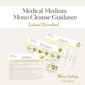 May include: A digital download titled "Medical Medium Mono Cleanse Guidance." The image features several pages with the words "Mono Cleanse," "Mono Options," and "Mono Eating Checklist." The pages include illustrations of fruits and vegetables.