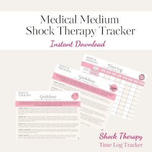 May include: A digital download titled "Medical Medium Shock Therapy Tracker." The image features pink and white printable sheets with the words "Shock Therapy," "Guidelines," and "Time Log." The text "Instant Download" is also visible.