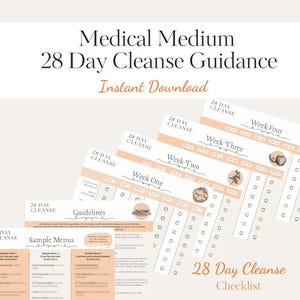 Könnte beinhalten: Eine Sammlung druckbarer Anleitungen und Checklisten für eine 28-Tage-Reinigung. Die Dokumente haben ein weiches Pfirsich- und Weiß-Farbschema mit den Worten "Medical Medium 28 Day Cleanse Guidance" und "Instant Download". Die Checkliste enthält Beispielmenüs und Richtlinien.