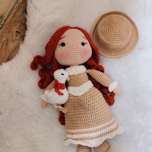 Unique Hand,Crocheted Amigurumi Doll,Redhead Toy,With Pet Doll Goose,Nursery Decor,Sleeping Toy,Soft Amigurumi Toy with Dress,Little Duck