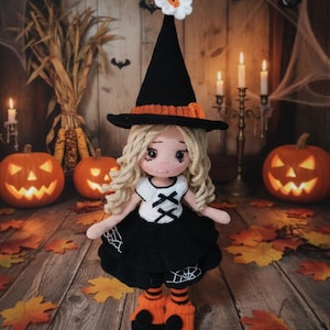 Handmade Crochet Witch Doll, Amigurumi Cotton Toy, Cute Halloween Decor Gift, Spooky Plush Doll, Crochet Cotton,Halloween Gift, Sleeping Toy