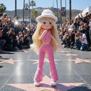 Crochet Diva Fashion Doll, Amigurumi Blonde Doll in Pink Western Outfit, Handmade Movie Star Stuffed Toy, Hollywood Star Walk Decor