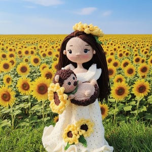 May include: A handmade crochet doll with long brown hair, wearing a white dress adorned with sunflowers, holding a hedgehog doll. The doll has a sunflower crown and is set against a backdrop of a sunflower field.