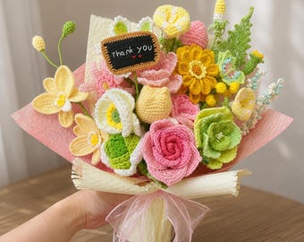 サイン入りのサンキューサイン付きかぎ針編みブーケ、手作りの感謝の贈り物、永遠の花