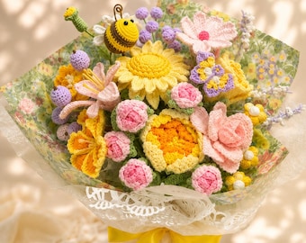 太陽の光を届けるかぎ針編みの花束、彼女への手作りの「あなたを想っています」ギフト