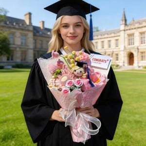 May include: A bouquet of crocheted pink and yellow flowers featuring a small crocheted doll wearing a graduation cap. The bouquet is wrapped in light pink paper with a white ribbon and includes a white card with the text CONGRATS CLASS OF 2023.