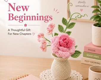 新たな始まりの贈り物、手編みの花とカード、新しい仕事の贈り物、女性への励ましの贈り物