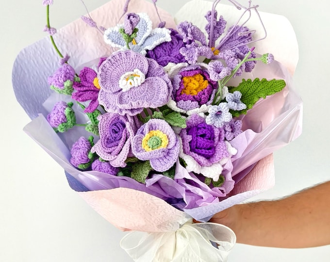Crochet Purple Flower Bouquet – Birthday Gift for Her, Personalized Keepsake