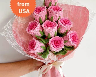 Ramo de rosas de crochet: flores eternas hechas a mano con hilo, un regalo romántico