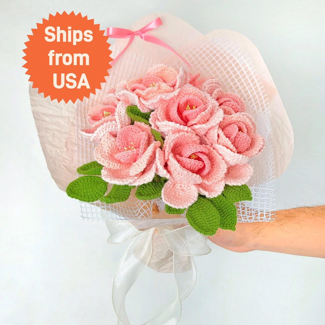 Pink Crochet Roses Pink Crochet Rose Bouquet - Soft Romantic Valentine's Day Gift for ...