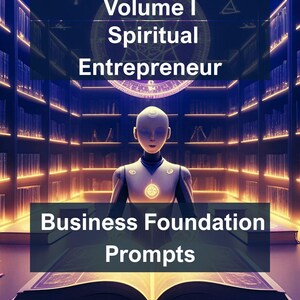 Puede incluir: Ilustraci&oacute;n digital con una figura futurista frente a una biblioteca. Se lee el texto "Volume I Spiritual Entrepreneur Business Foundation Prompts". El nombre del autor, Karina E Gil, Ph.D., MSW, est&aacute; en la parte inferior.