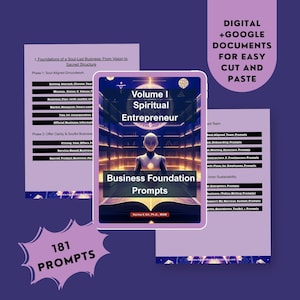 Puede incluir: Documentos digitales para cortar y pegar f&aacute;cilmente. La imagen presenta una tableta con el texto "Volume I Spiritual Entrepreneur" y "Business Foundation Prompts". El texto adicional incluye "181 Prompts" y una lista de indicaciones relacionadas con los negocios. El fondo es morado.